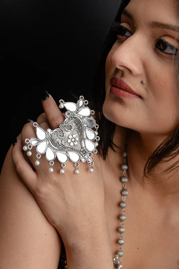 Oxidised Pearl and Mirror Ring