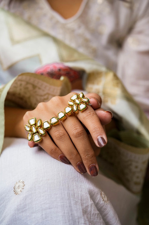 Omna Gold Plated Kundan Two FInger Adjustable Ring