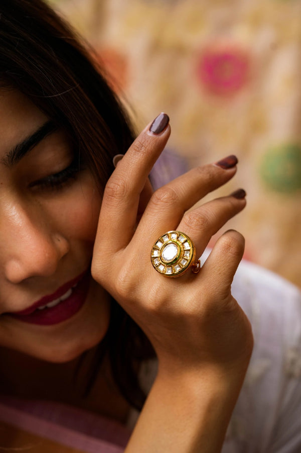 Sanjoli Kundan Gold Plated Adjustable Ring