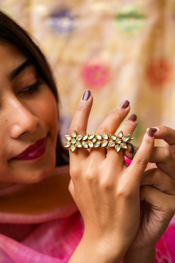 Rabhya Two Finger Kundan Gold Plated Adjustable Ring
