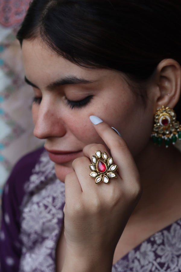 Watsala Free Sized, Adjustable Gold Plated Kundan Ring