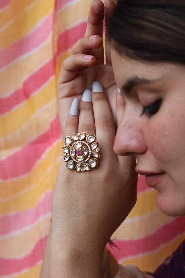 Raahini Free Sized, Adjustable Gold Plated Kundan Ring