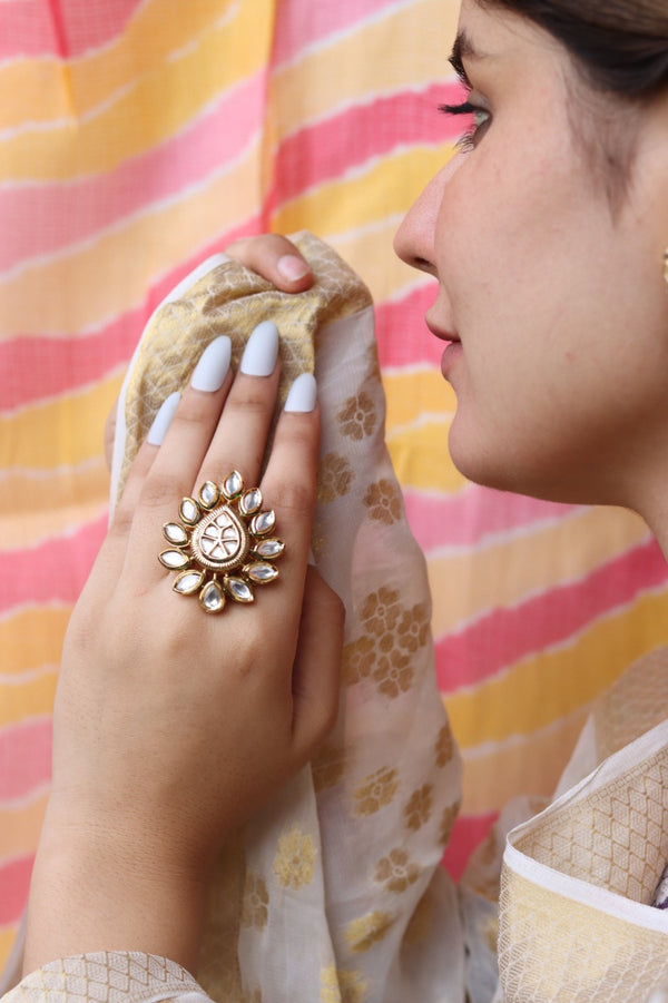 Raakhi Free Sized, Adjustable Gold Plated Kundan Ring