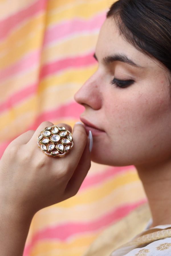 Vidhi Free Sized, Adjustable Gold Plated Kundan Ring