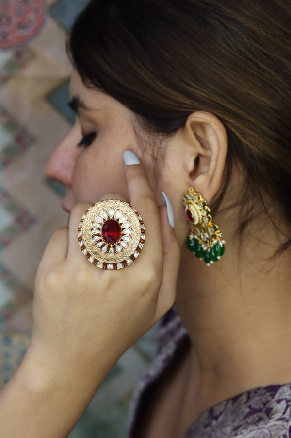 Yalini Free Sized, Adjustable Gold Plated Kundan Ring